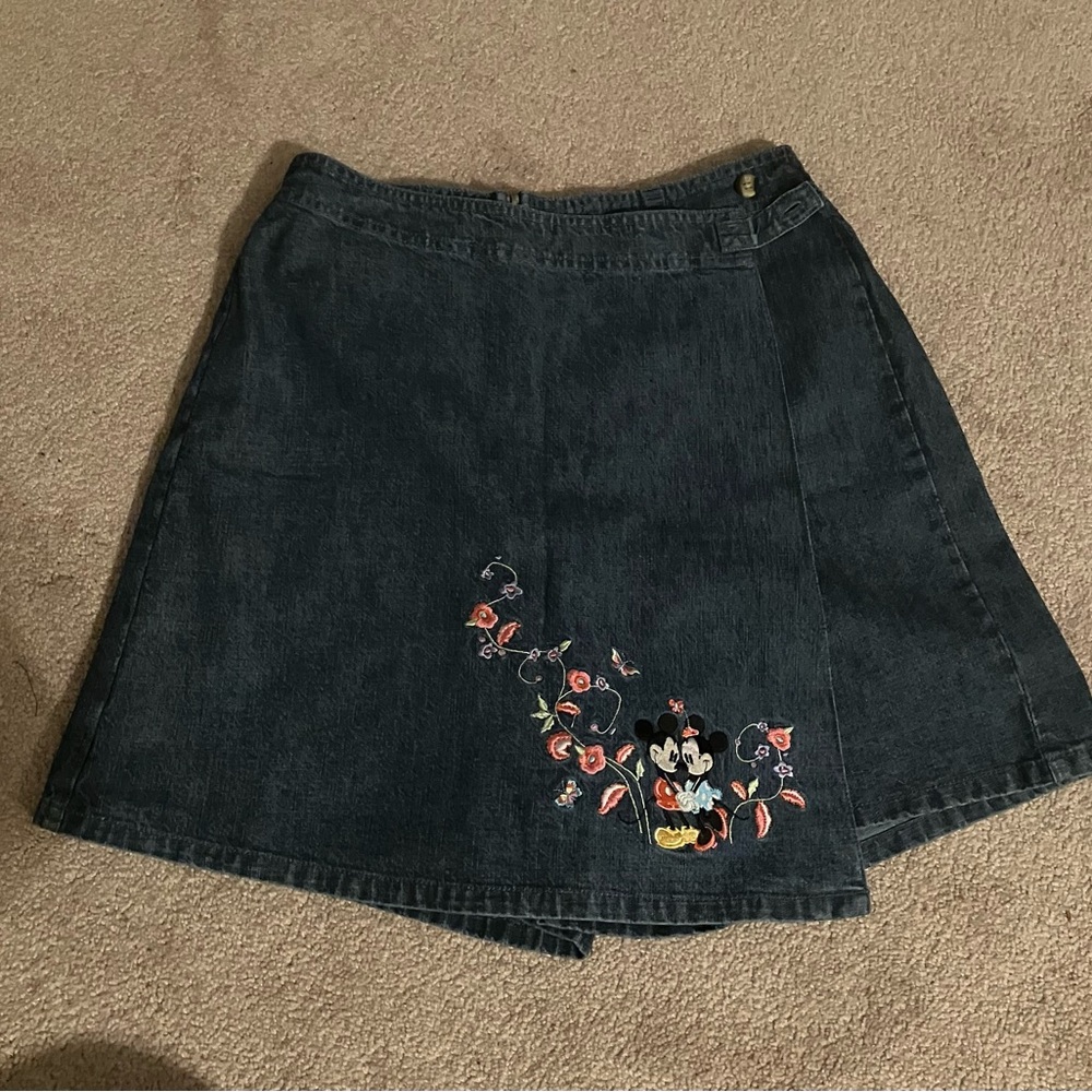 Disney Dark Denim Skort with Mickey and Minnie Floral Embroidery